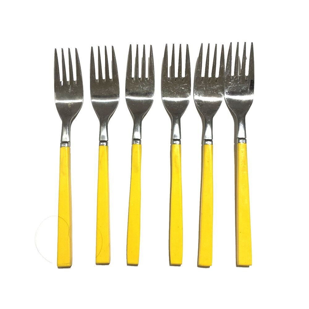Anacapa Melamine Set of 6 Yellow Handle Stainless Steel Forks 1970-80s Art Deco